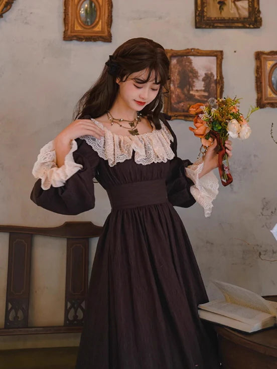 Mocha Reverie Vintage Lace Long Dress