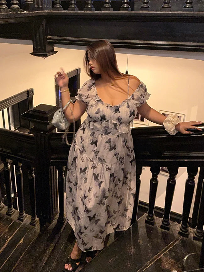 Butterfly Off-Shoulder Chiffon Dress