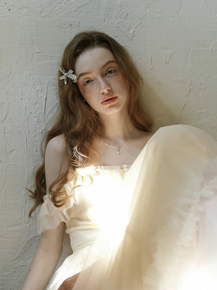 Ivory Tulle Ruffle Off-Shoulder Dress