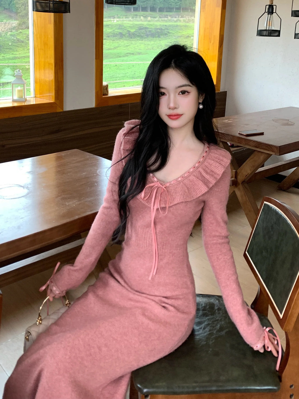 Ruffle Ribbon Blush Pink Knit Dress