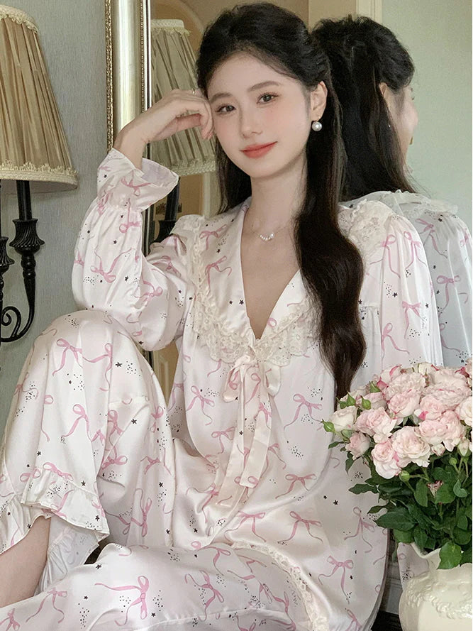 Pink Bow Charm Satin Pajama Set