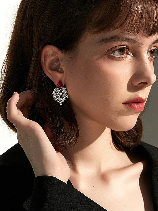 Elegant Ruby Zircon Leaf Drop Earrings