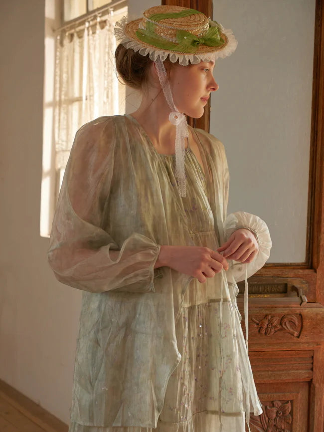 Pastel Green Floral Two-Piece Set – Sheer Cardigan & Tiered Dress