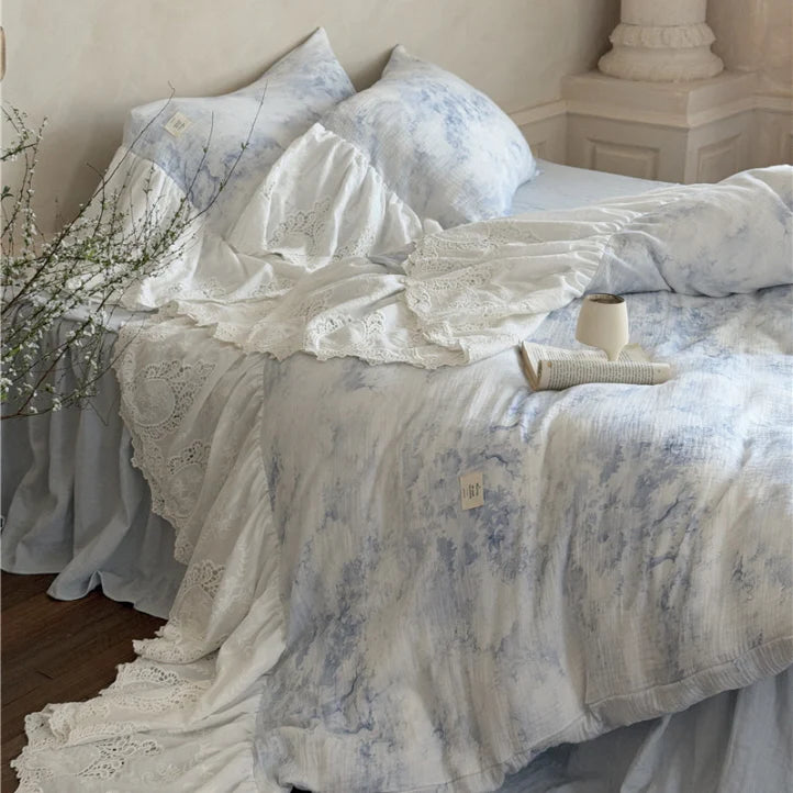 Watercolor Blue Lace Ruffle Bedding Set