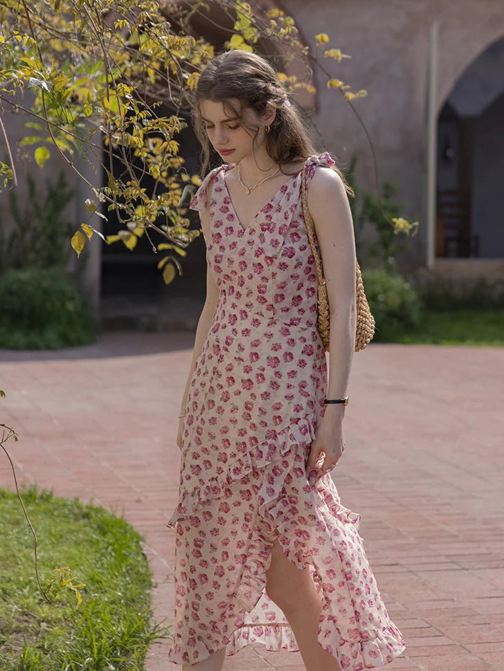 Romantic Rose Garden Ruffled Wrap Dress