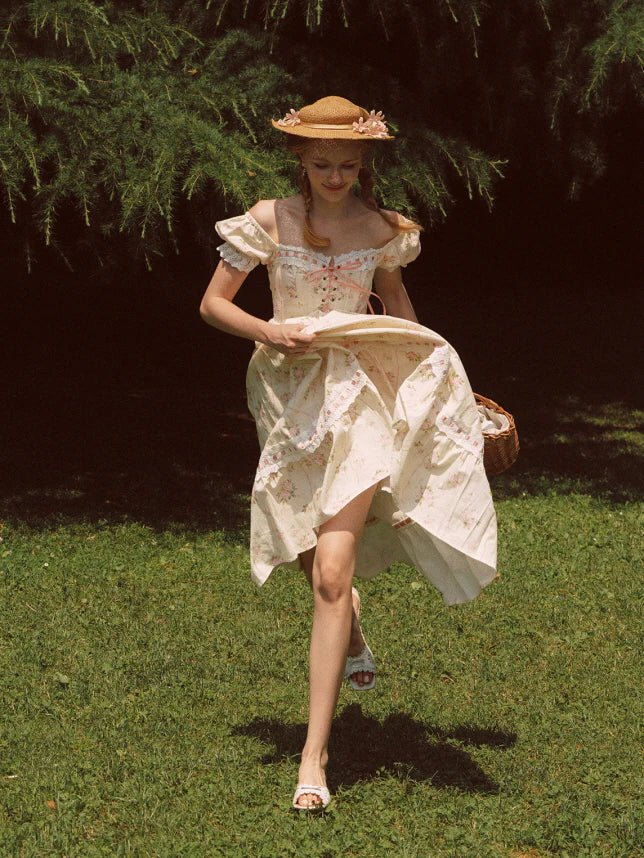 Vintage Rose Garden Lace-Up Off-Shoulder Dress