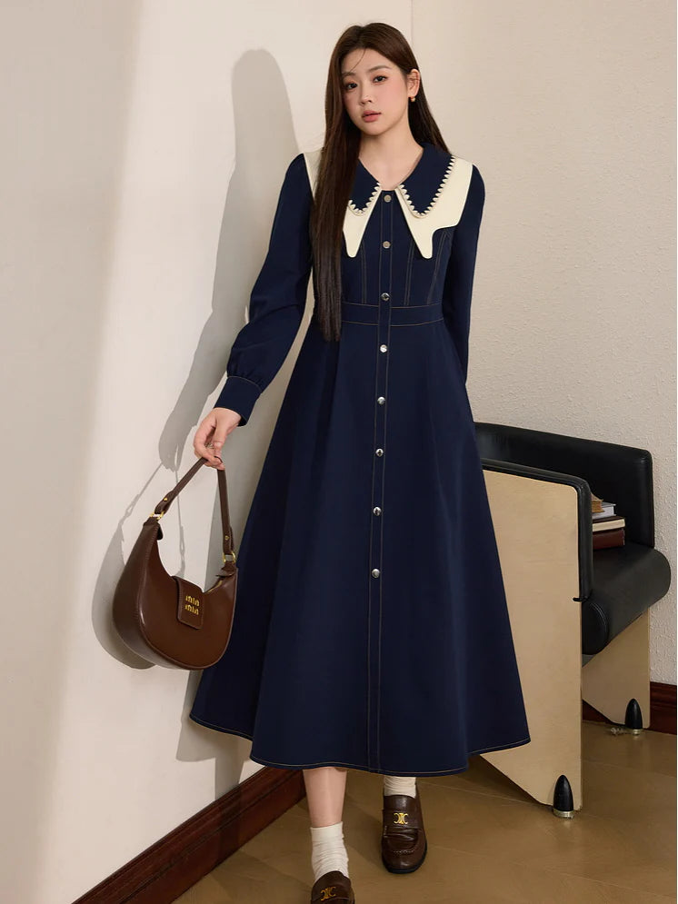 Navy Elegance Vintage Collar Dress