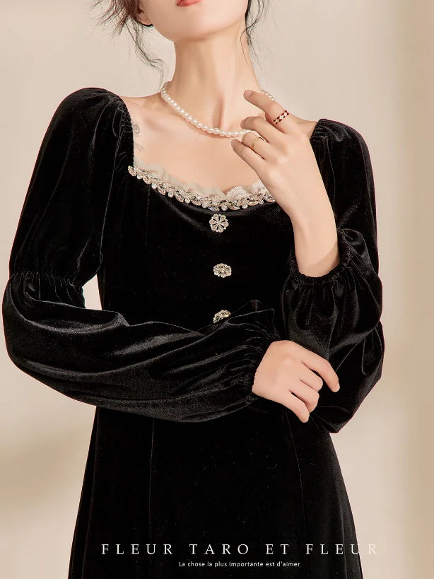 Victorian Elegance Black Velvet Dress