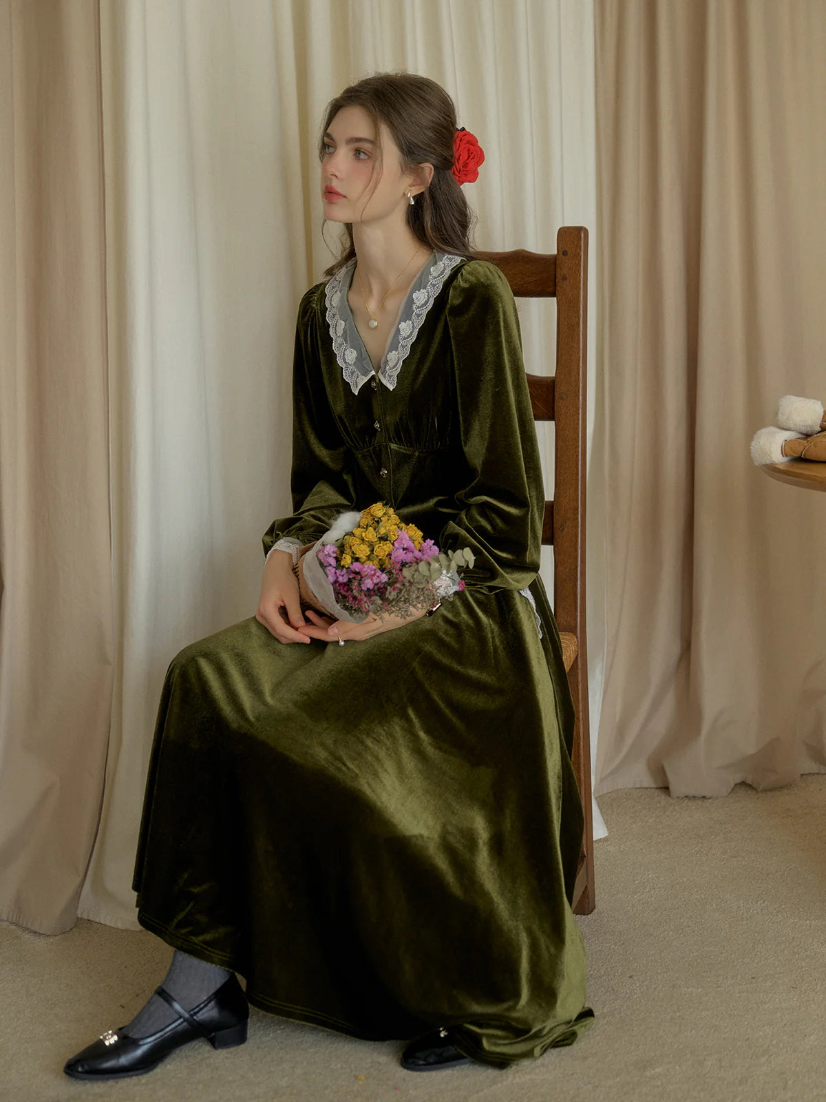 Velvet Elegance Green Lace-Trim Blouse