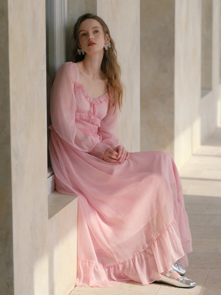 Blush Petal Frill Chiffon Dress