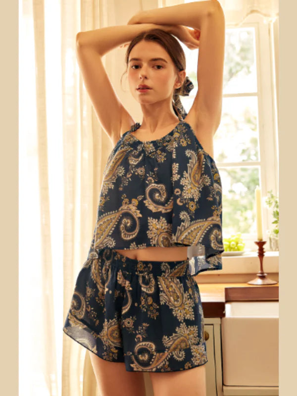 Navy Paisley Tie-Strap Loungewear Set