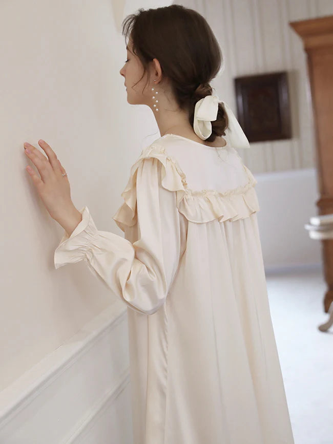 Vintage-Inspired Cream Ruffle  Nightgown