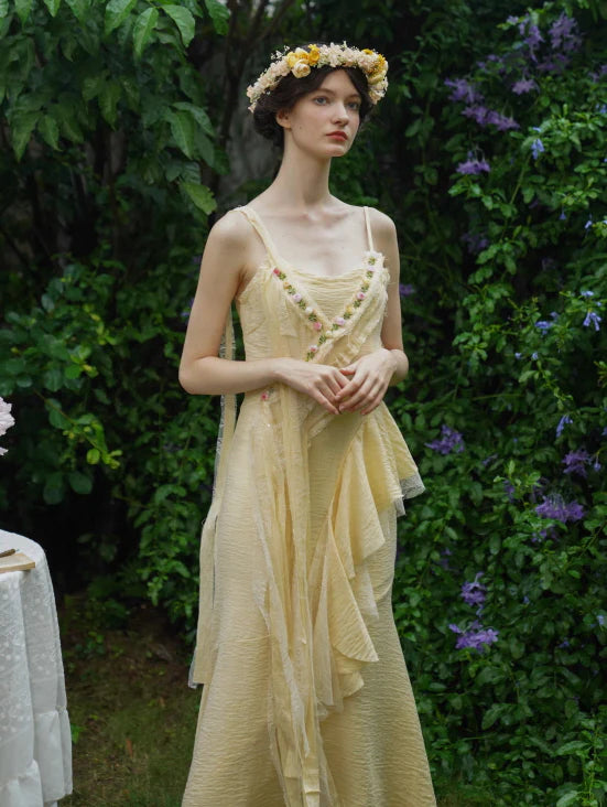 Golden Bloom Petal Drape Dress