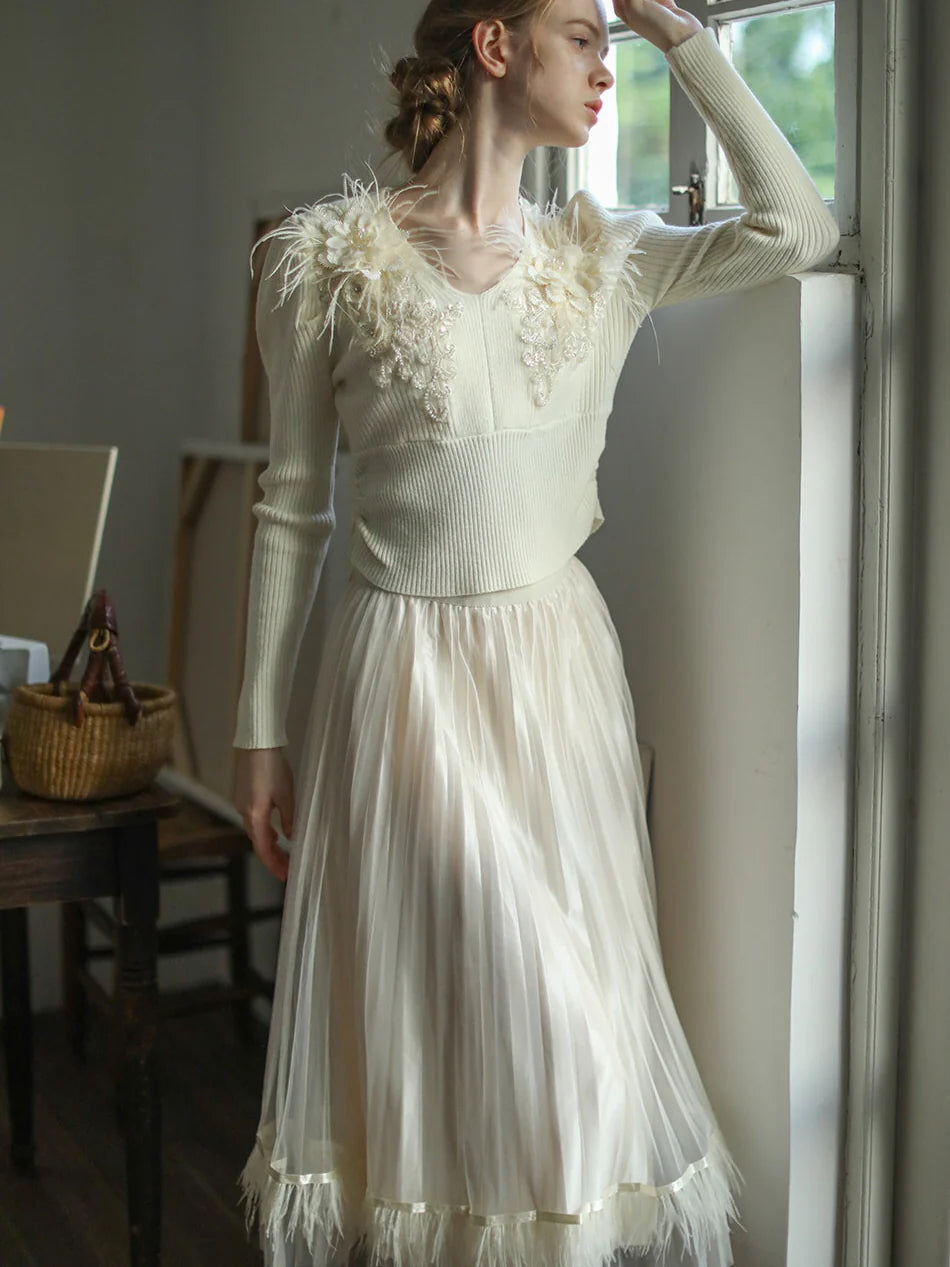 Dreamy Feather-Trim Pleated Skirt