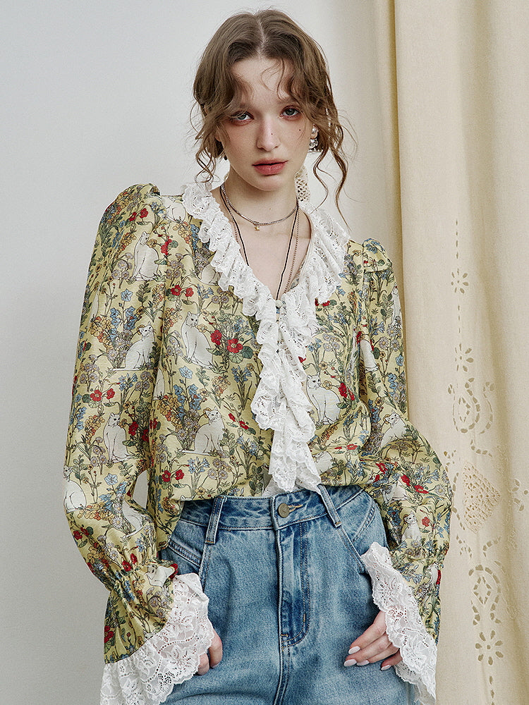 Enchanted Garden Cat Lace Blouse