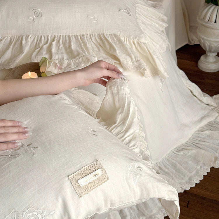 Blush Cream Ruffle Lace Bedding Set