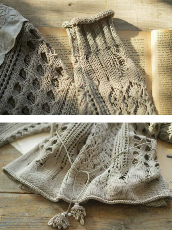 Graceful Lace Collar Brown-Gray Knitwear