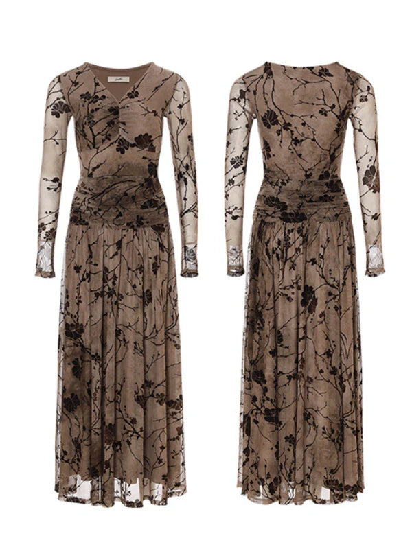 Brown Bloom Vintage Mesh Dress