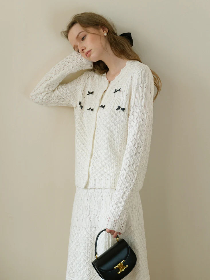 Ethereal Bow-Embellished Knit Cardigan