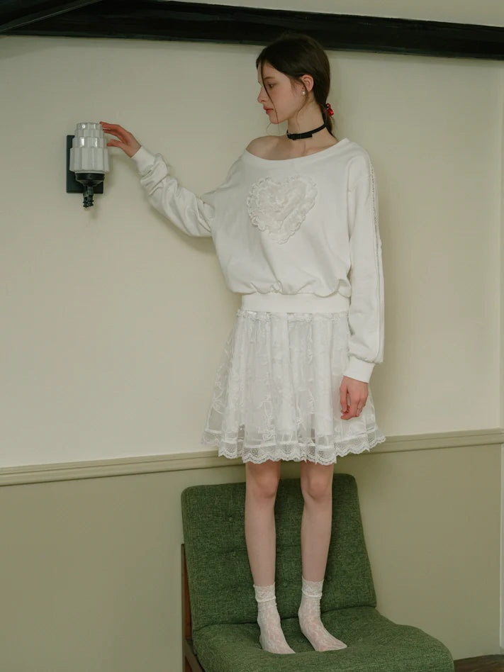 Coquette Lace Heart Off-Shoulder Sweatshirt