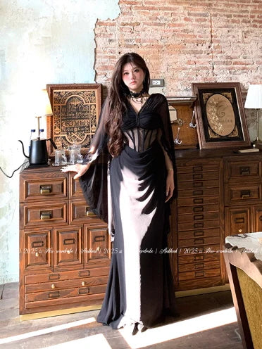 Ethereal Black Lace Drape Corset Gown