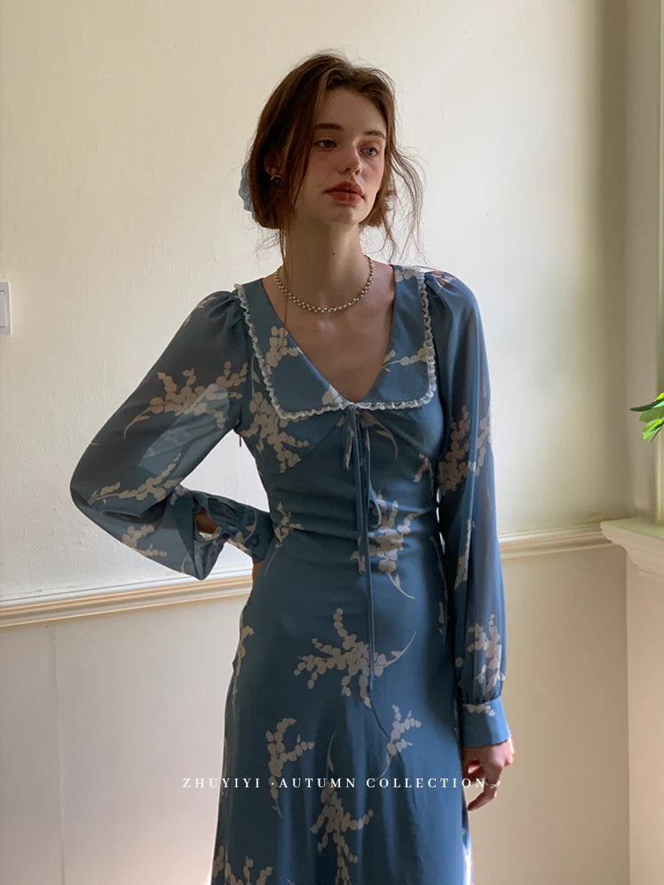 Blue Floral Retro Maxi Dress