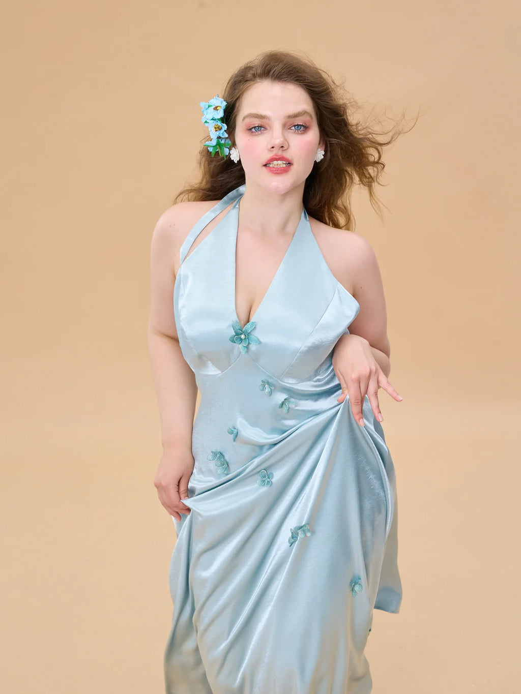 Ocean Bloom Satin Halter Dress