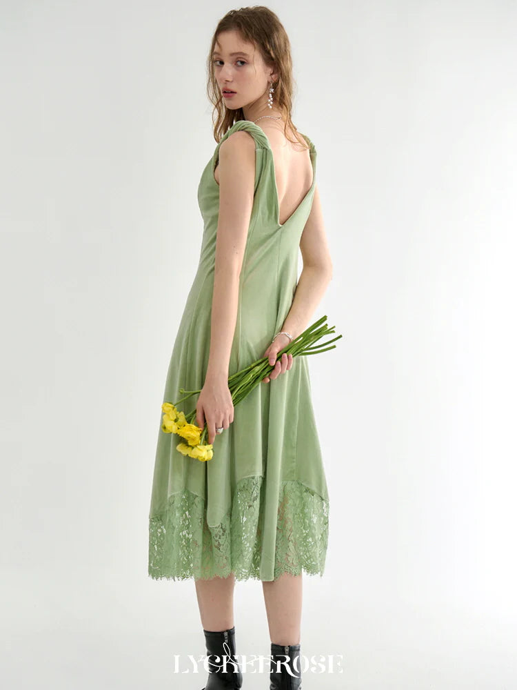 Green Velvet Lace-Trimmed Dress