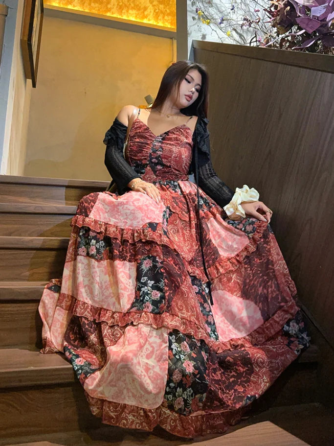 Rosy Patchwork Ruffle Maxi Dress