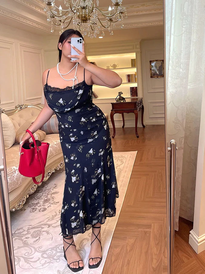 Midnight Bloom Lace Trim Floral Dress