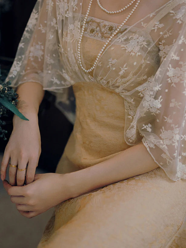 Golden Bloom Lace Overlay Dress