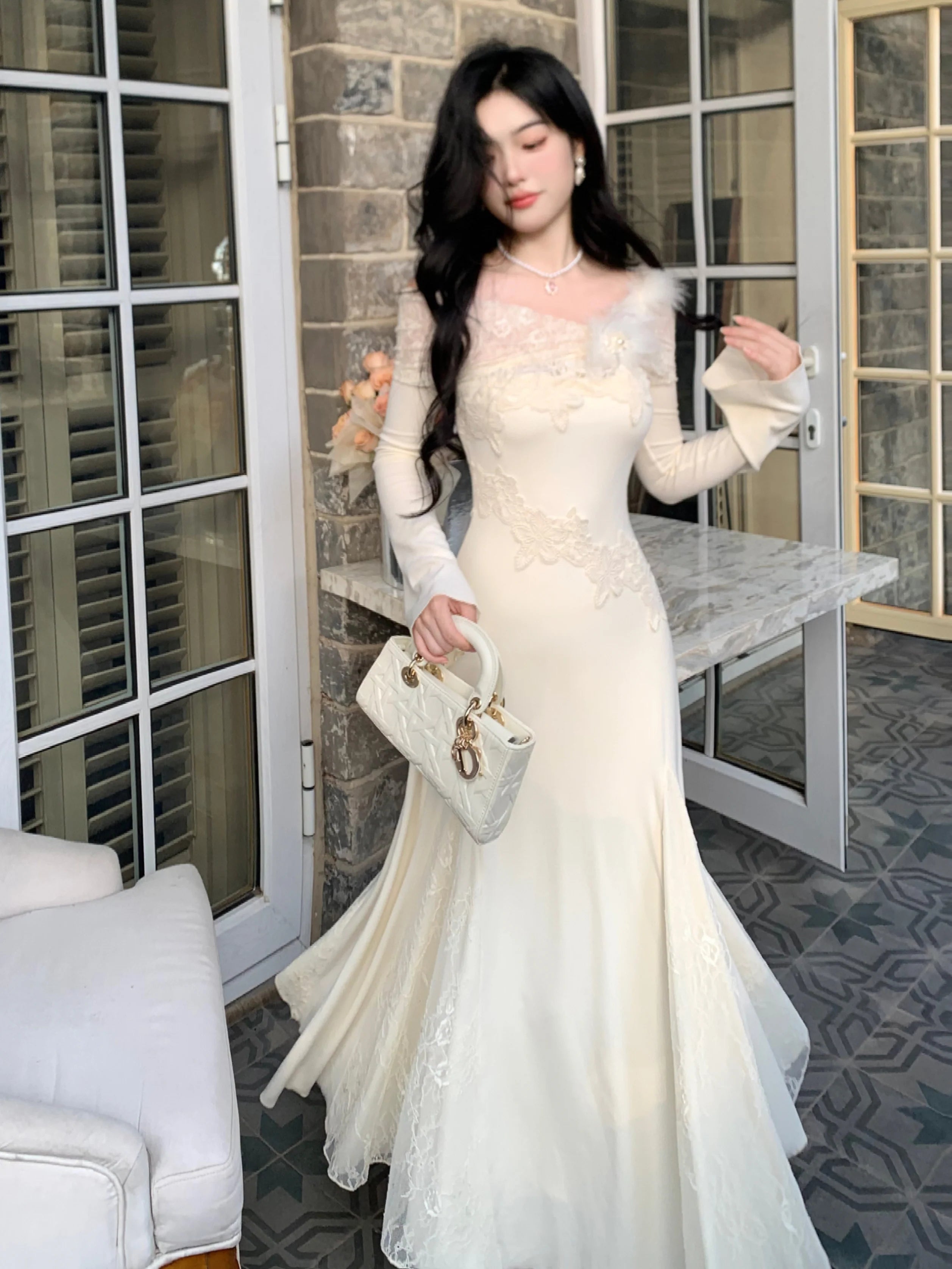 Winter Fairy Lace Feather Gown