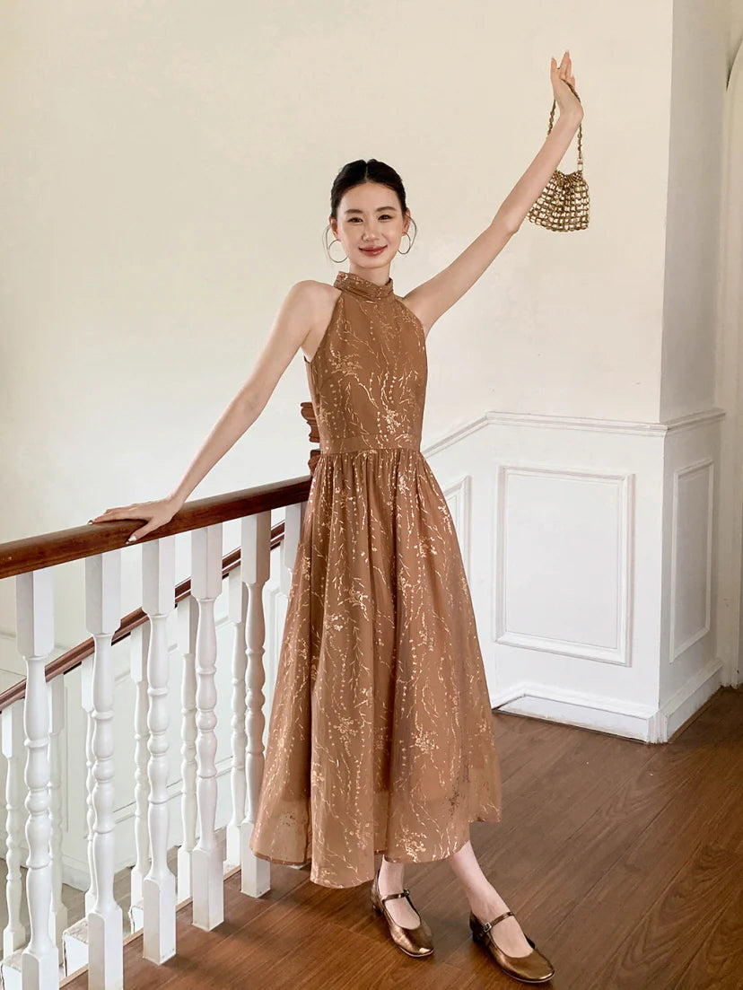 Golden Bloom Halter Dress