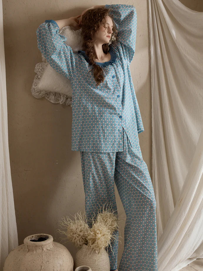 Vintage Geometric Ruffle Pajama Set