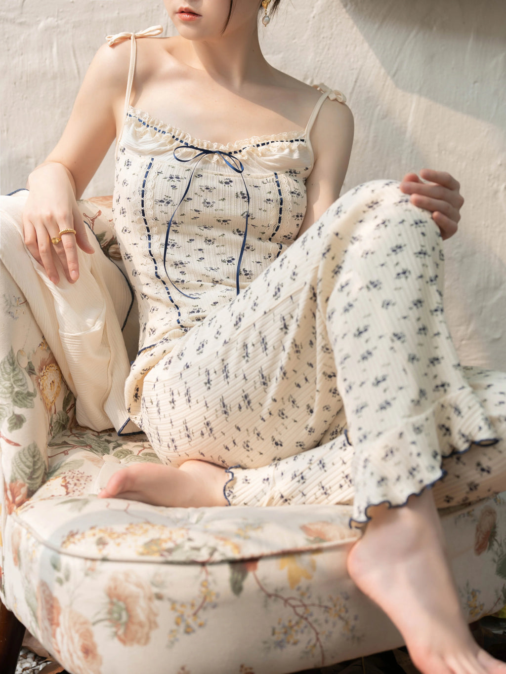 Navy Ribbon Floral Loungewear Set