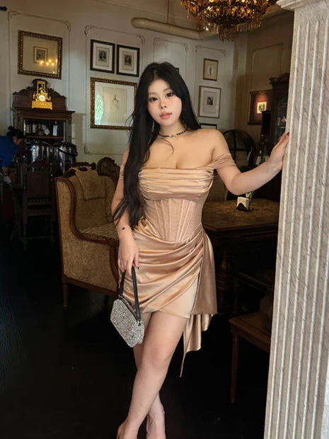 Champagne Satin Corset Mini Dress