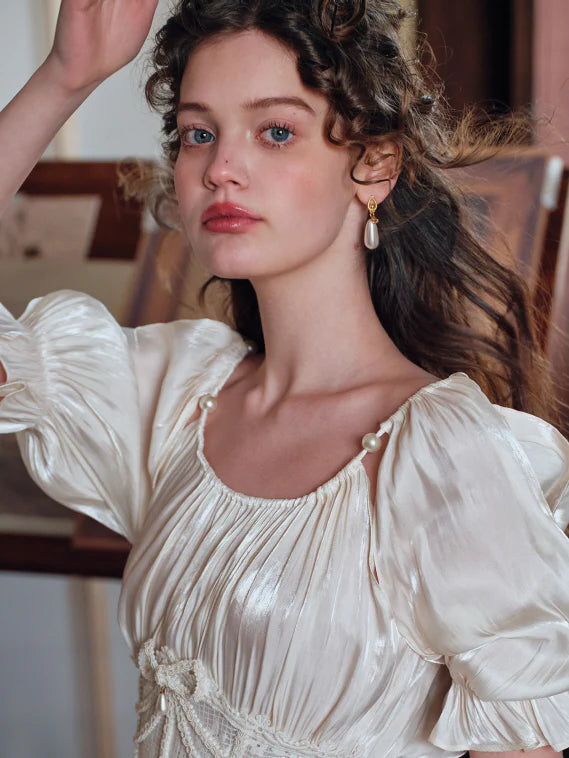 Pearl Ribbon Shirred Ivory Blouse