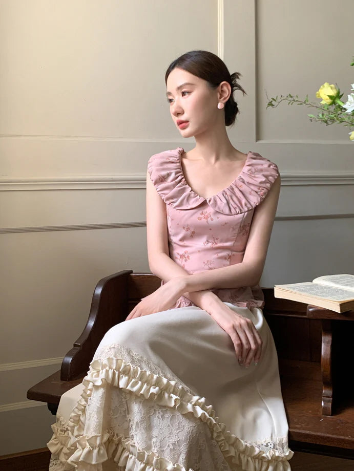 Ivory Ribbon Shoulder Ruffle Top & Skirt