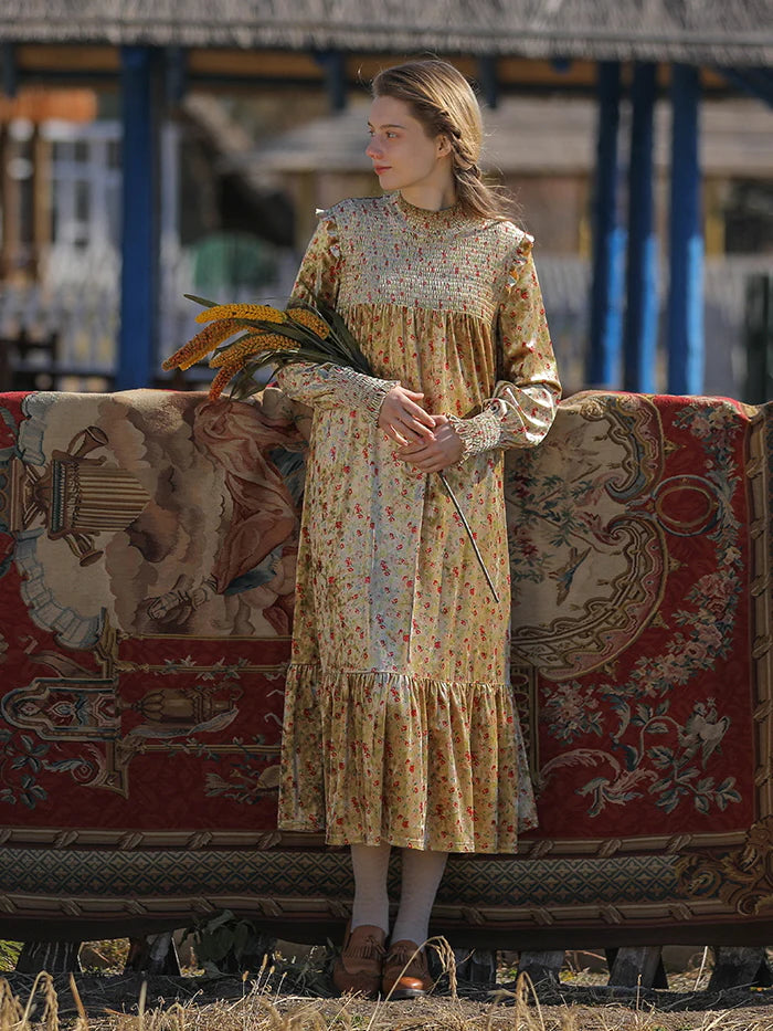 Golden Velvet Floral Dress