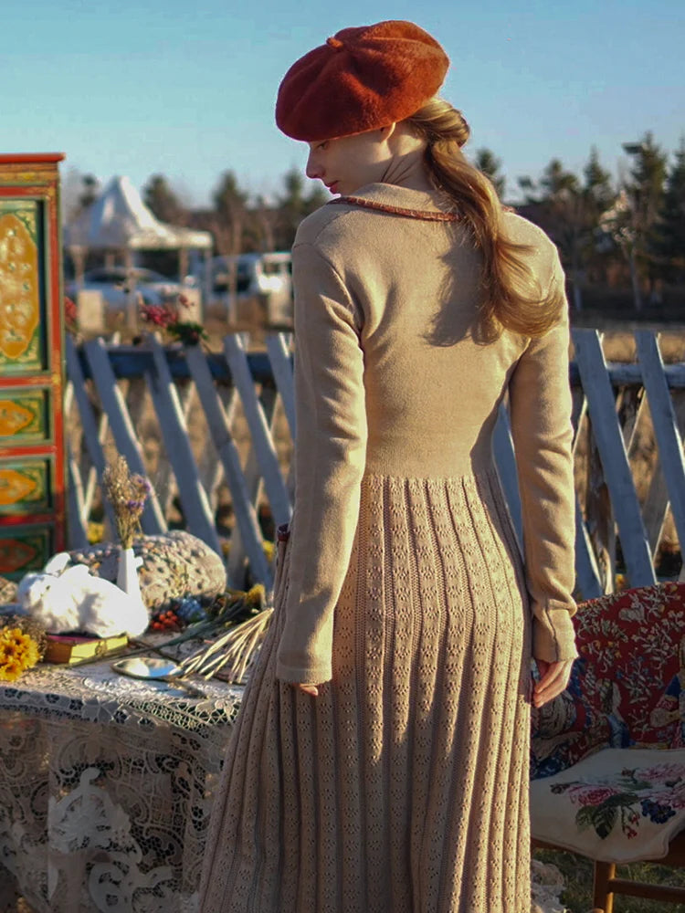 Warm Beige Elegance Floral Knit Dress