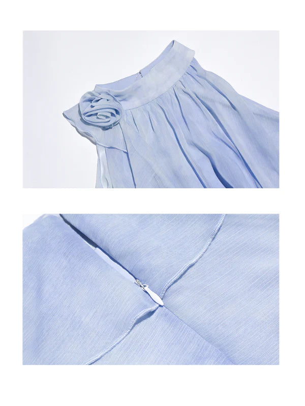 Ethereal Blue Ruffle Rose Halter Top