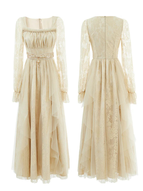 Golden Elegance Vintage Lace Dress