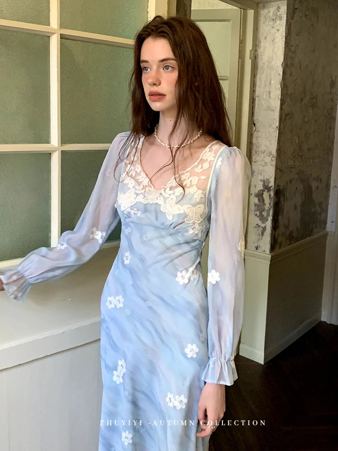 Blue Lace Floral Sheer Maxi Dress