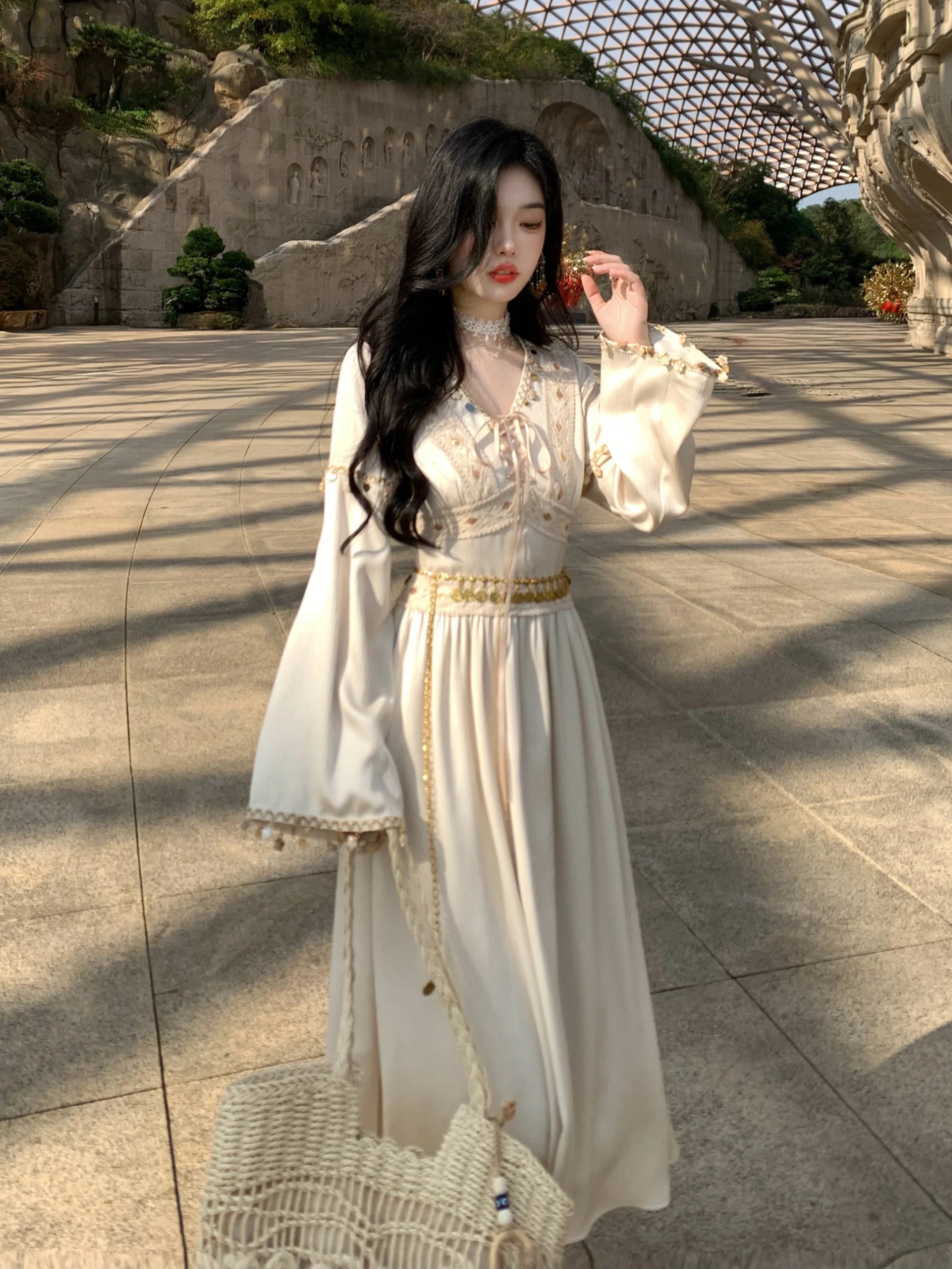 Golden Ethereal Lace-Up Flare Sleeve Chiffon Dress