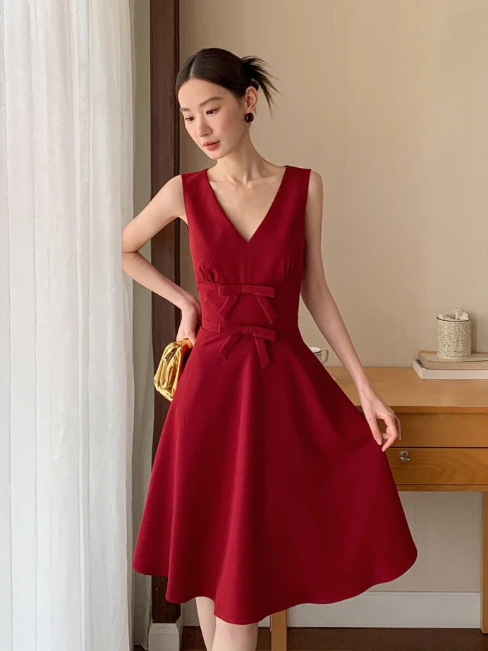 Double Ribbon Waist Classic Flare Dress