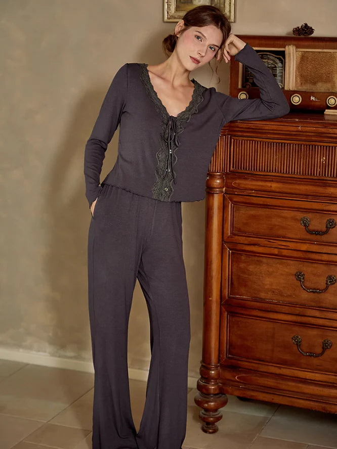 Moonlit Elegance Lace Trim Pajama Set