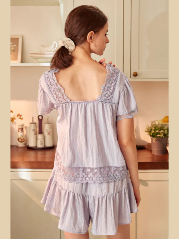 Lavender Lace Trim Two-Piece Loungewear Set