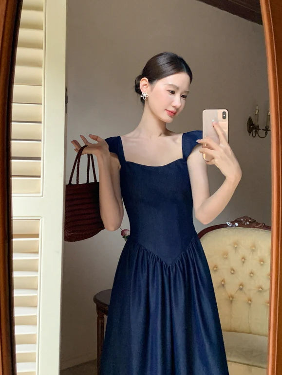 Navy Lace-Up Bodice Dress