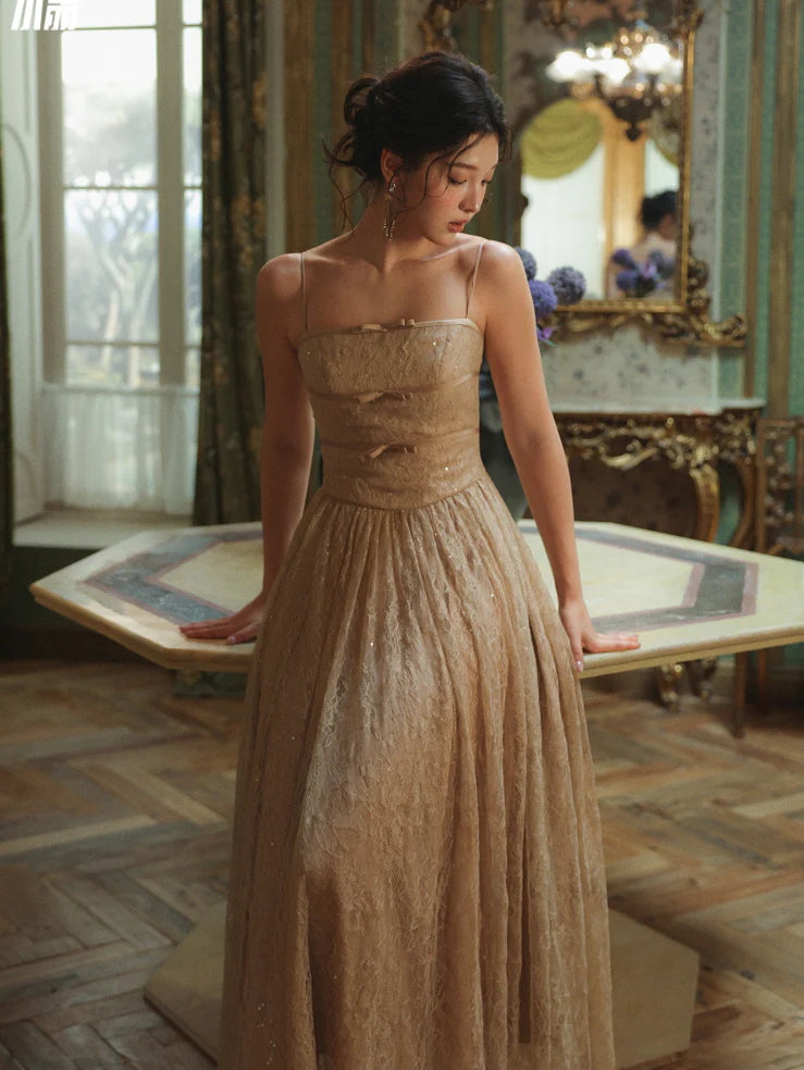Champagne Lace Bow Evening Dress