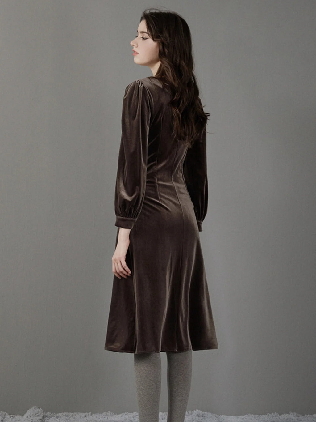 Brown Velvet Puff Sleeve Dress